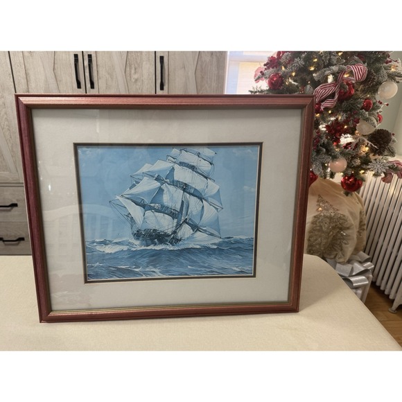Vintage Framed Sailing Ship Ocean Art Print Nautical Wall Decor 21.5x17 Blue Sea